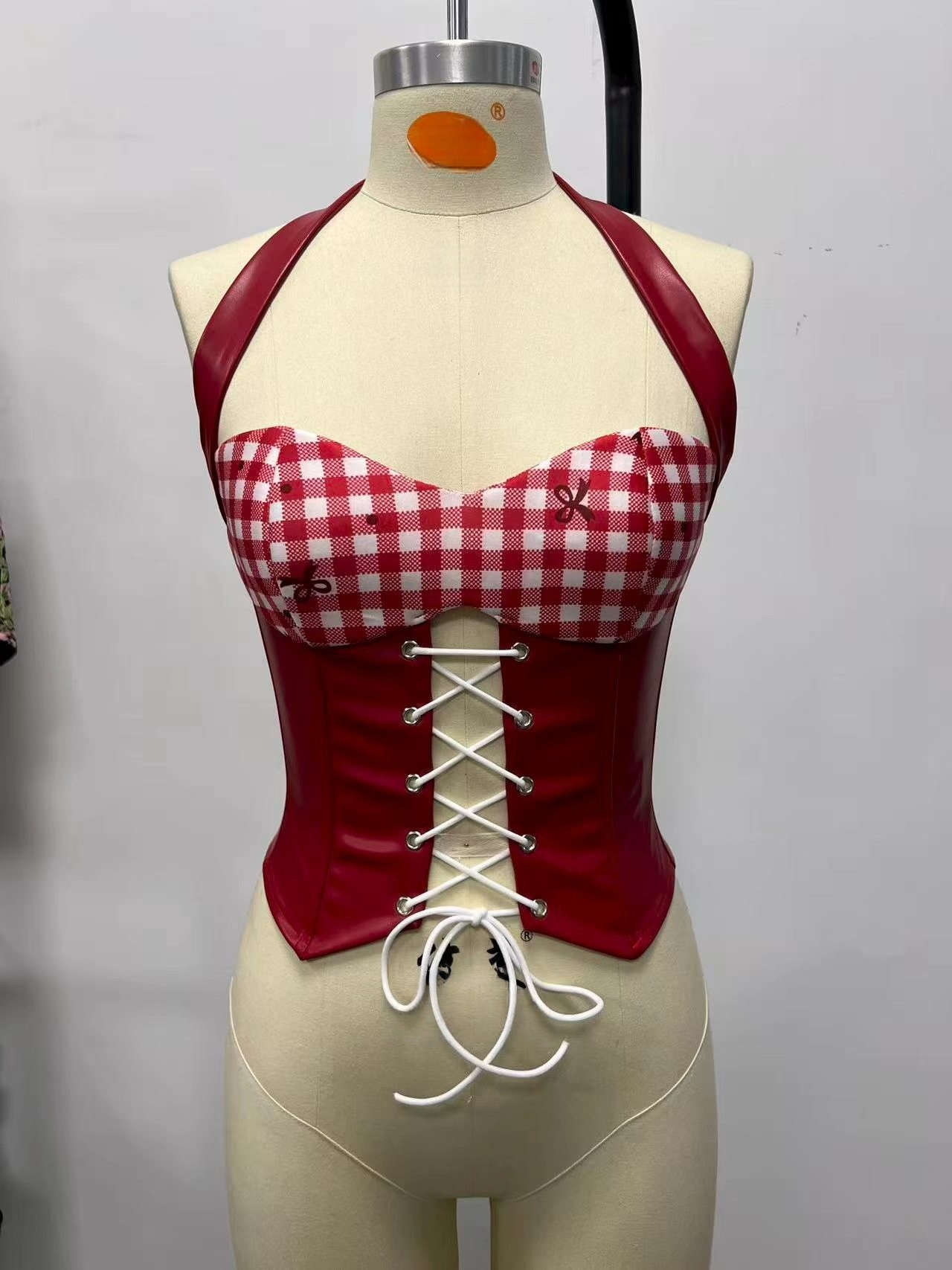 Womens Red Gingham Halter Corset Top - Slim Fishbone Tank Top